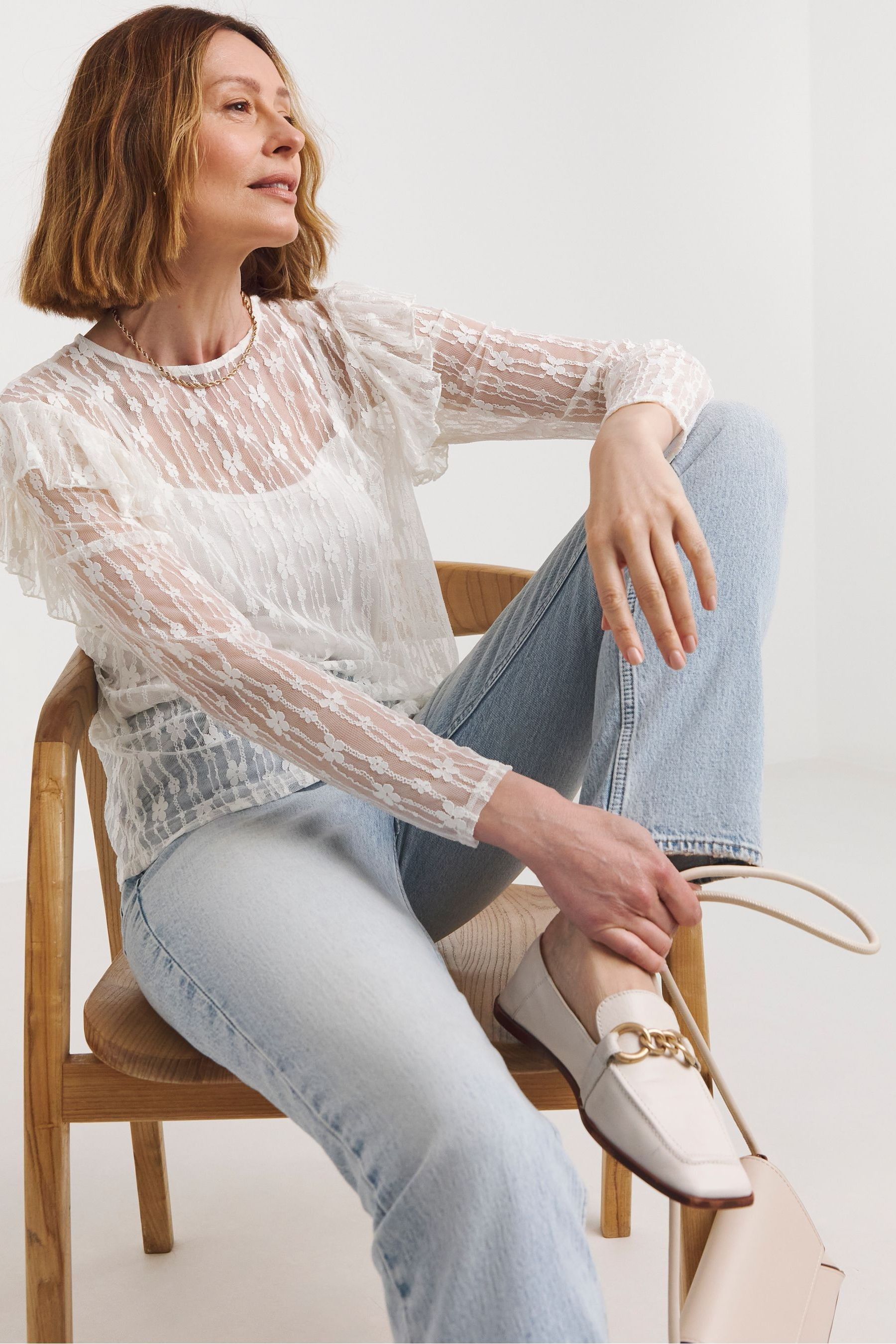 JD Williams White High Neck Frill Sleeve Long Sleeve Top