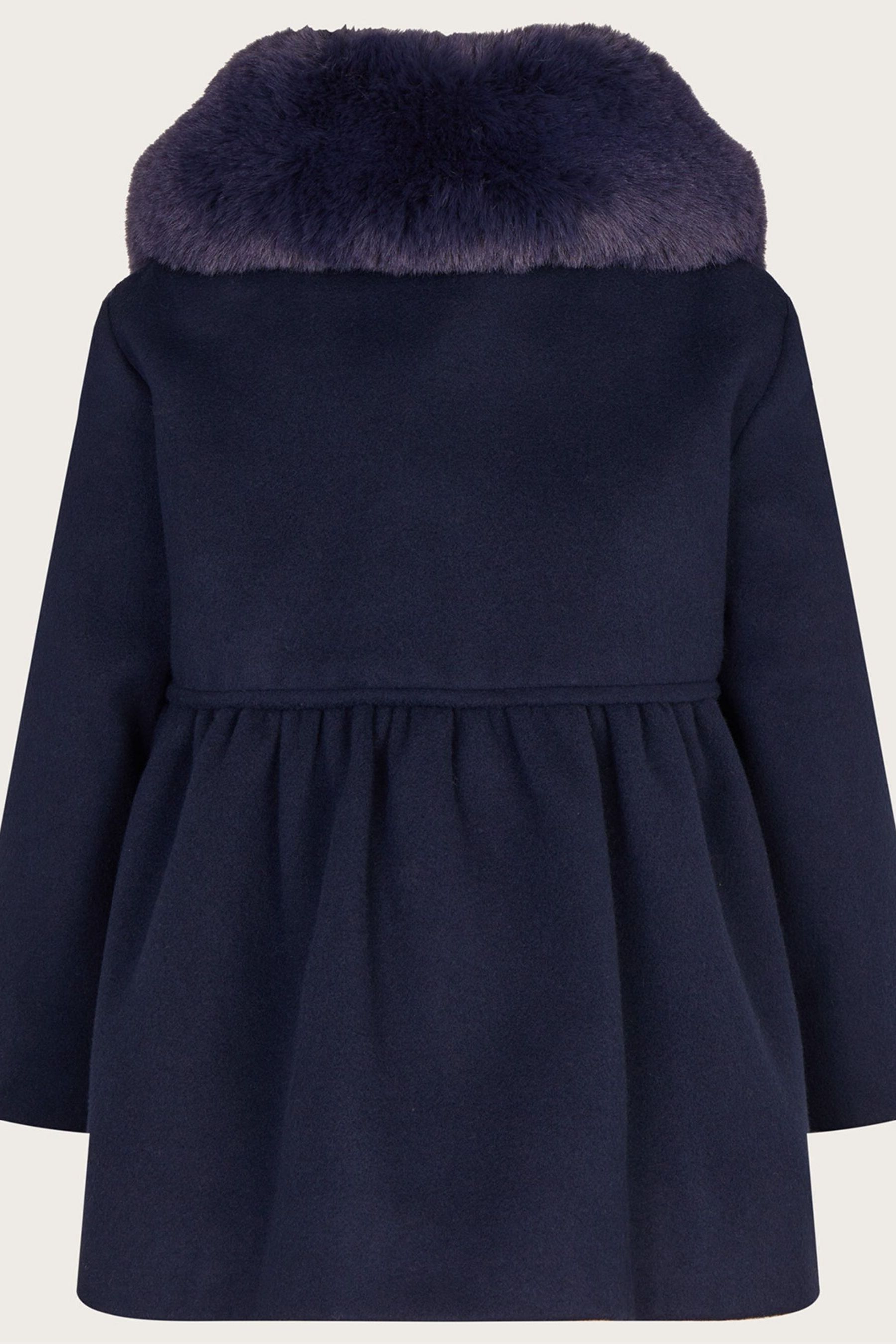 Girls Monsoon Blue Baby Bow Faux Fur Collar Coat
