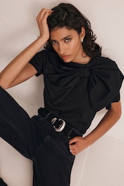 Mint Velvet Black Woven Bow T-Shirt - Image 2 of 4