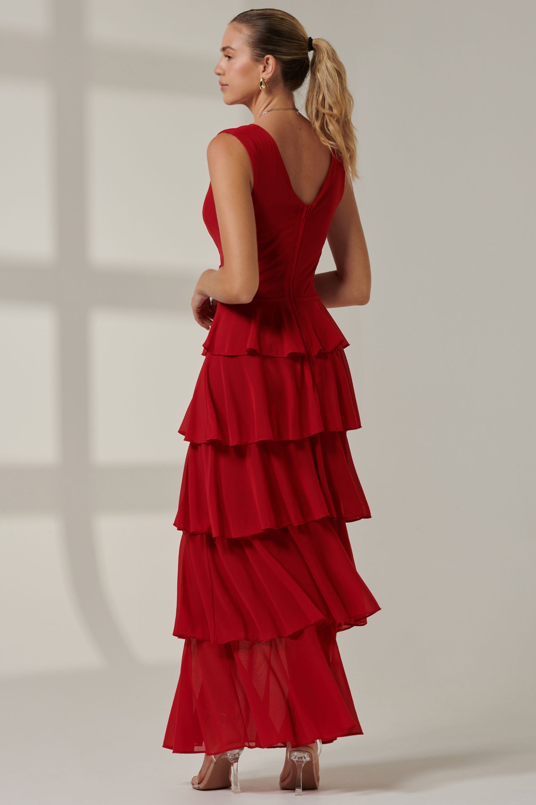 Buy Jolie Moi Red Plain Tiered Mesh Maxi Dress from the Next UK online shop