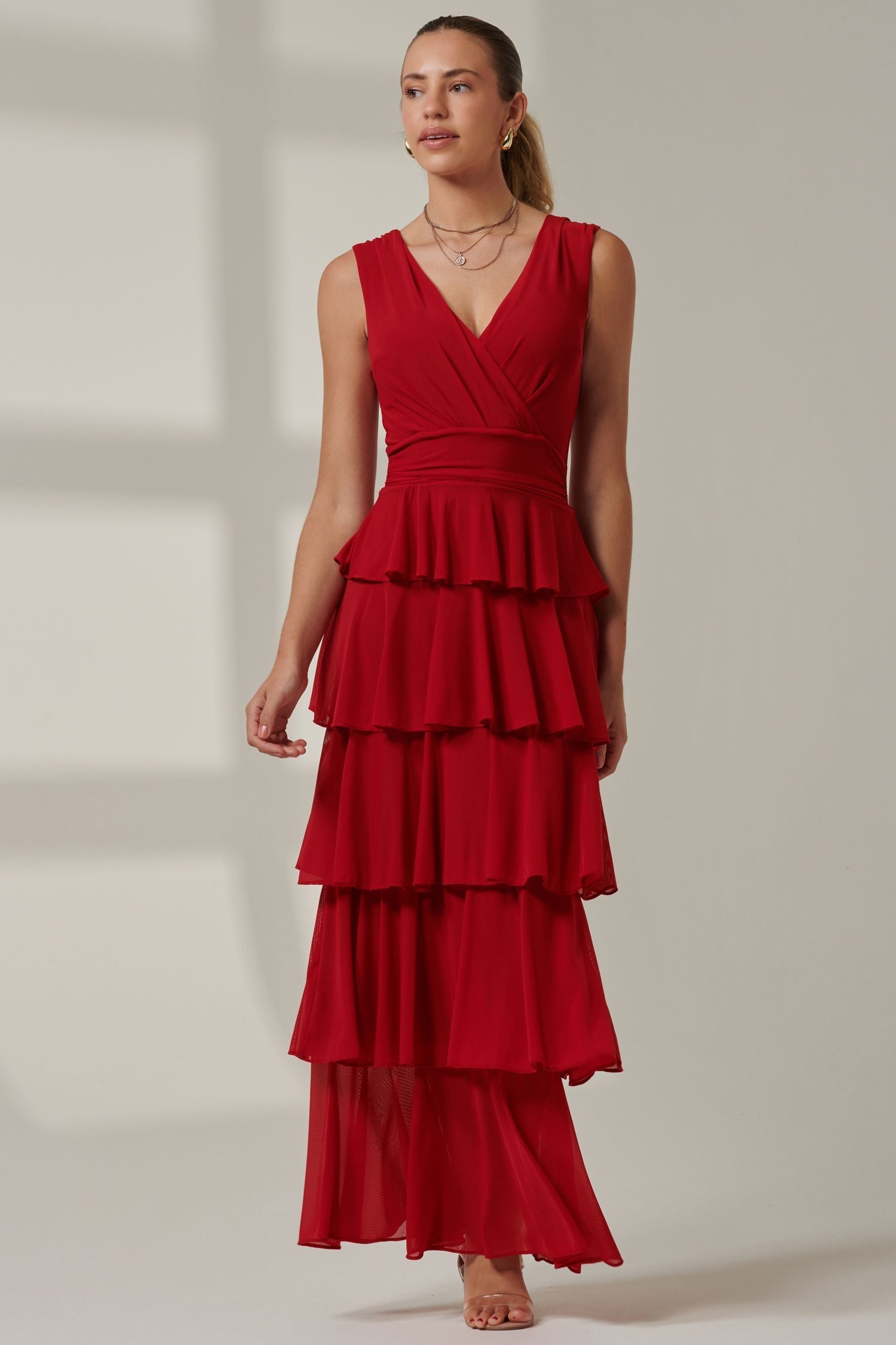 Buy Jolie Moi Red Plain Tiered Mesh Maxi Dress from Next Luxembourg