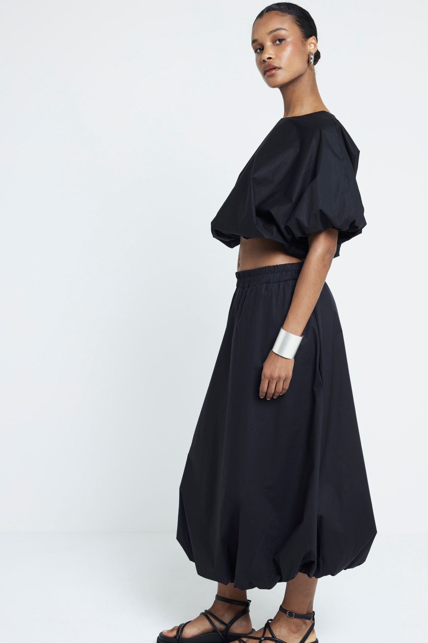 River Island Black Bubble Hem Midi Skirt 6 Womens