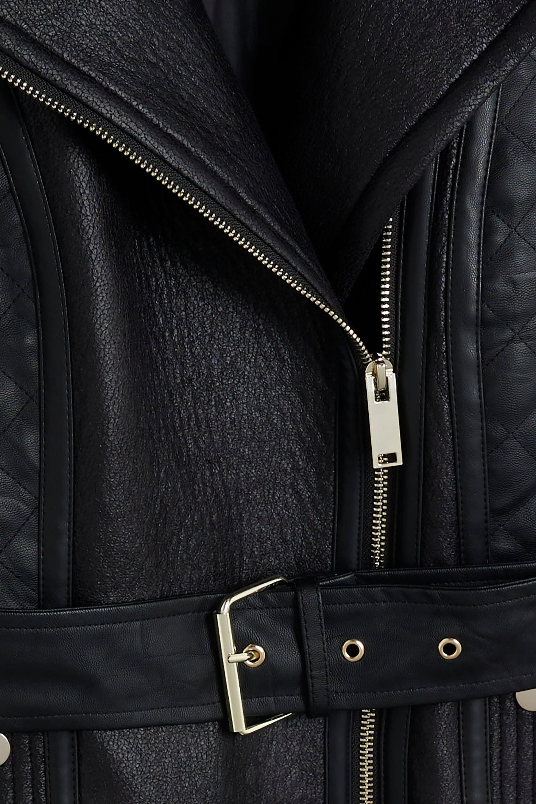 Buy River Island Black Faux Leather Quilted Buckle Biker Jacket from Next Luxembourg