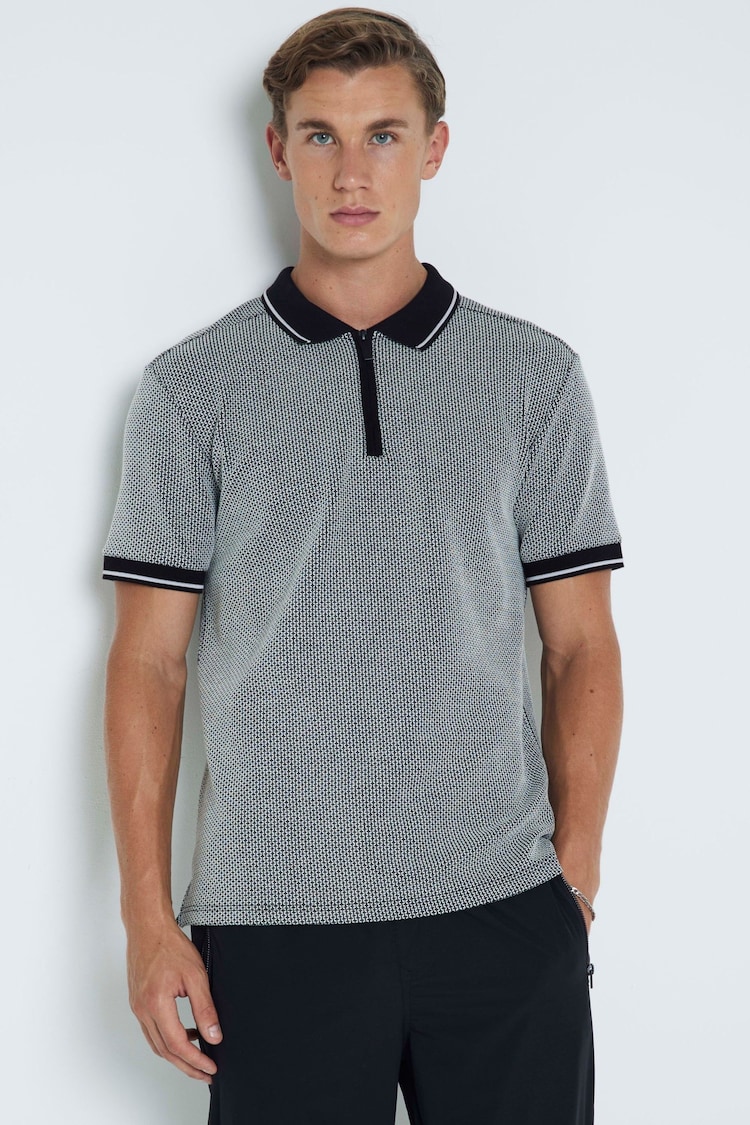 River Island Grey Slim Fit Jacquard Half Zip Polo Shirt - Image 2 of 6