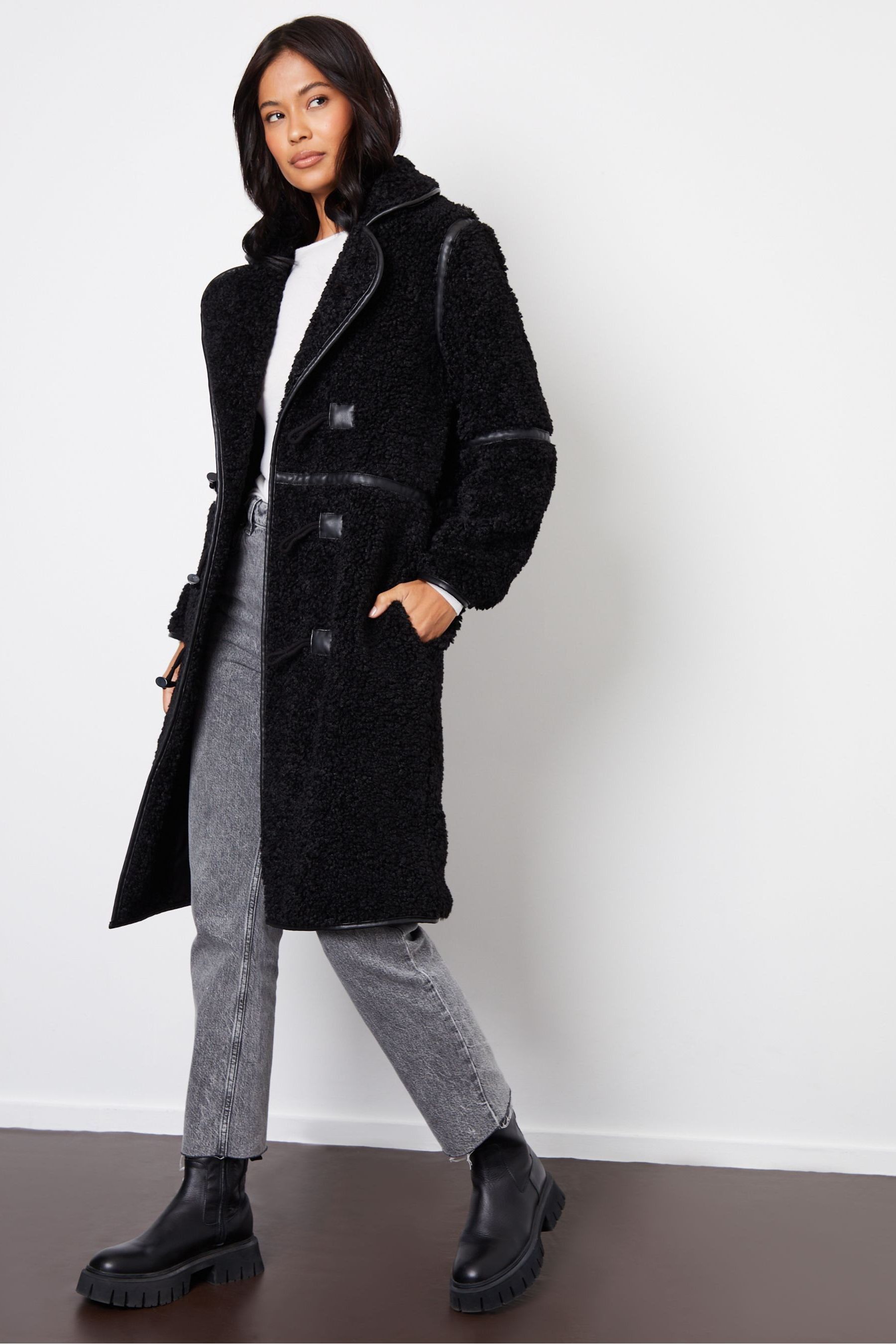 Buy Threadbare Black Longline Borg Toggle Coat With PU Trim from the Next UK online shop