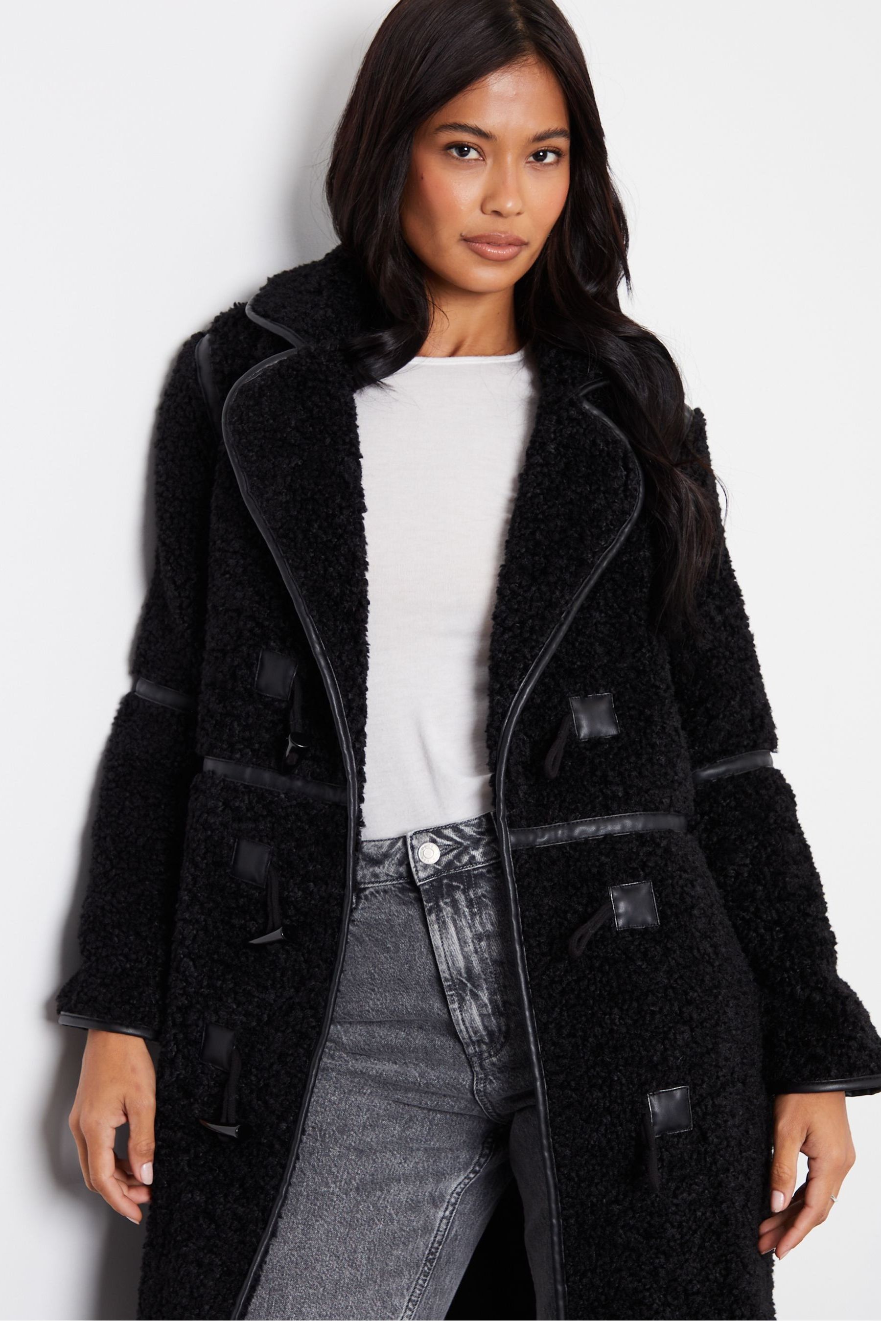 Longline borg teddy coat black cheap