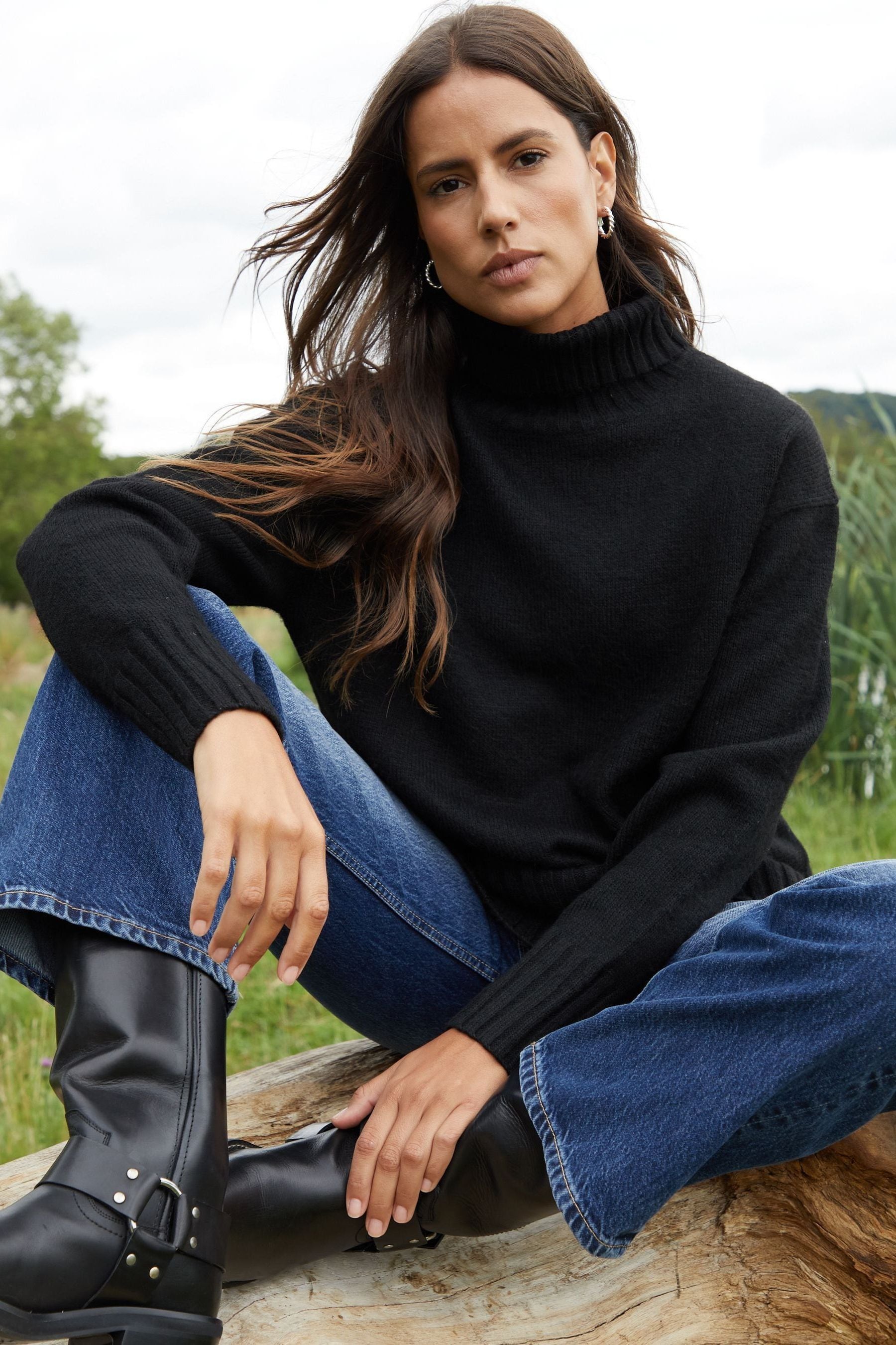 Black oversized roll neck jumper discount