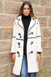 Threadbare Natural Longline Borg Toggle Coat With PU Trim - Image 1 of 5