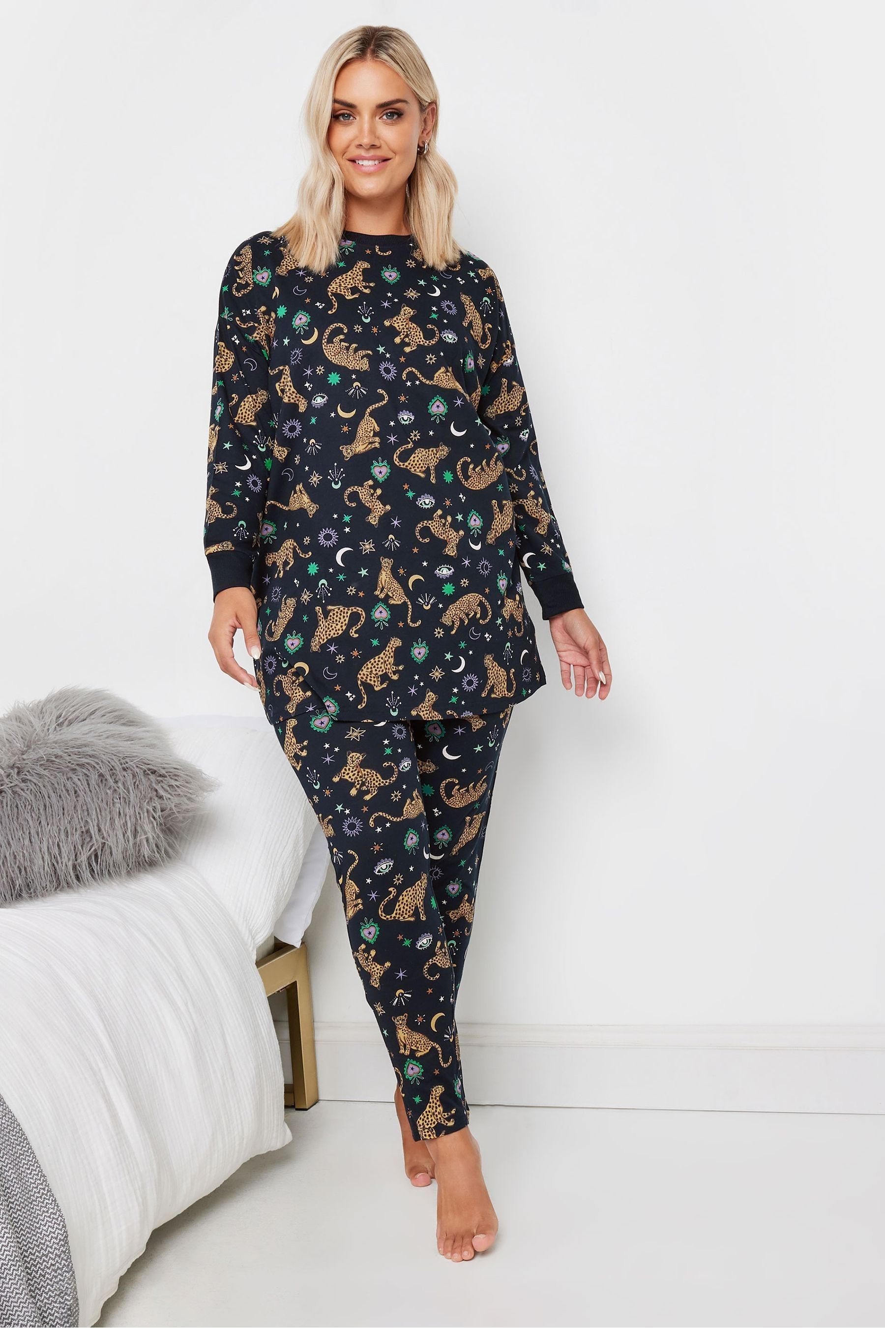 Yours Curve Blue Midnight Leopard Long Sleeve 100 Cotton Pyjamas Set