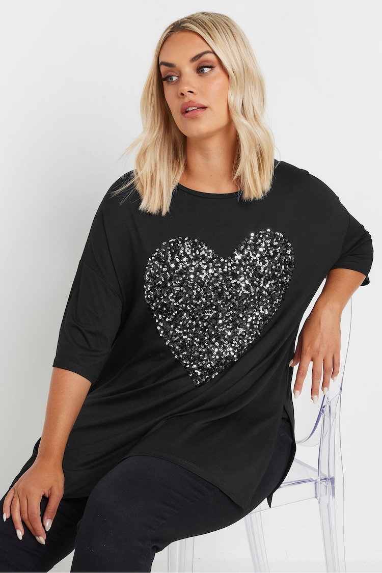 Yours Curve Black Heart Embellished T-Shirt - Image 1 of 5