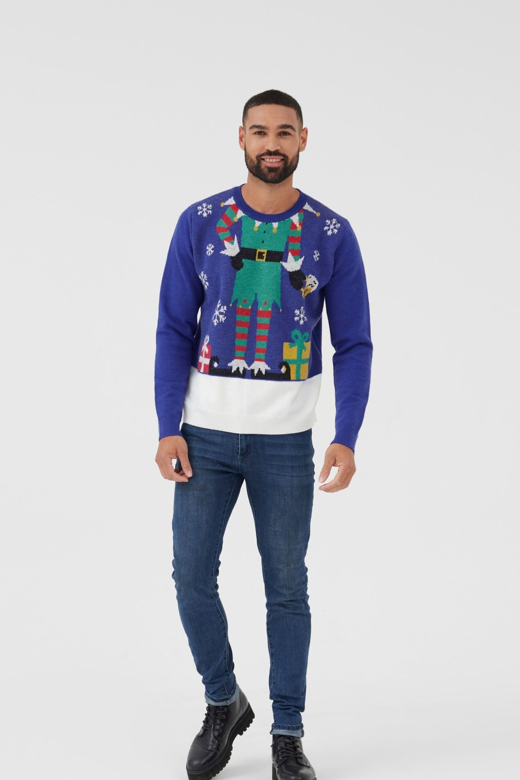 Buy Society 8 Blue Mens Elfster Christmas Jumper from Next Luxembourg