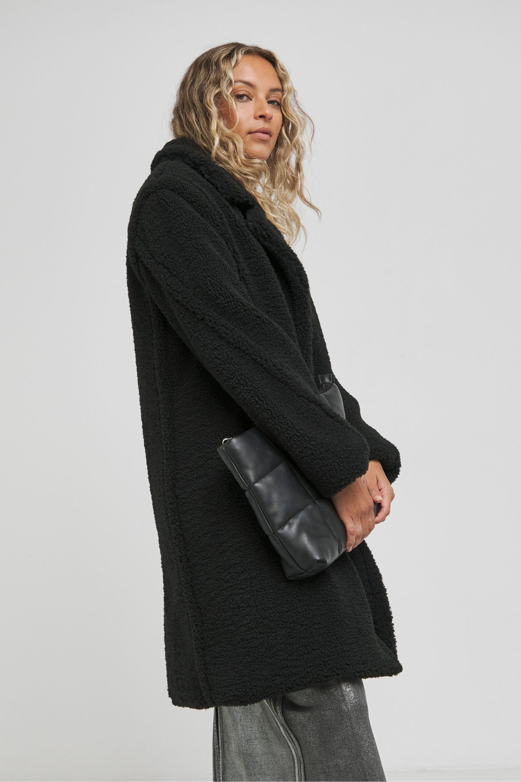 Buy Simply Be Black Raised Seam Detail Short Teddy Coat from Next Germany