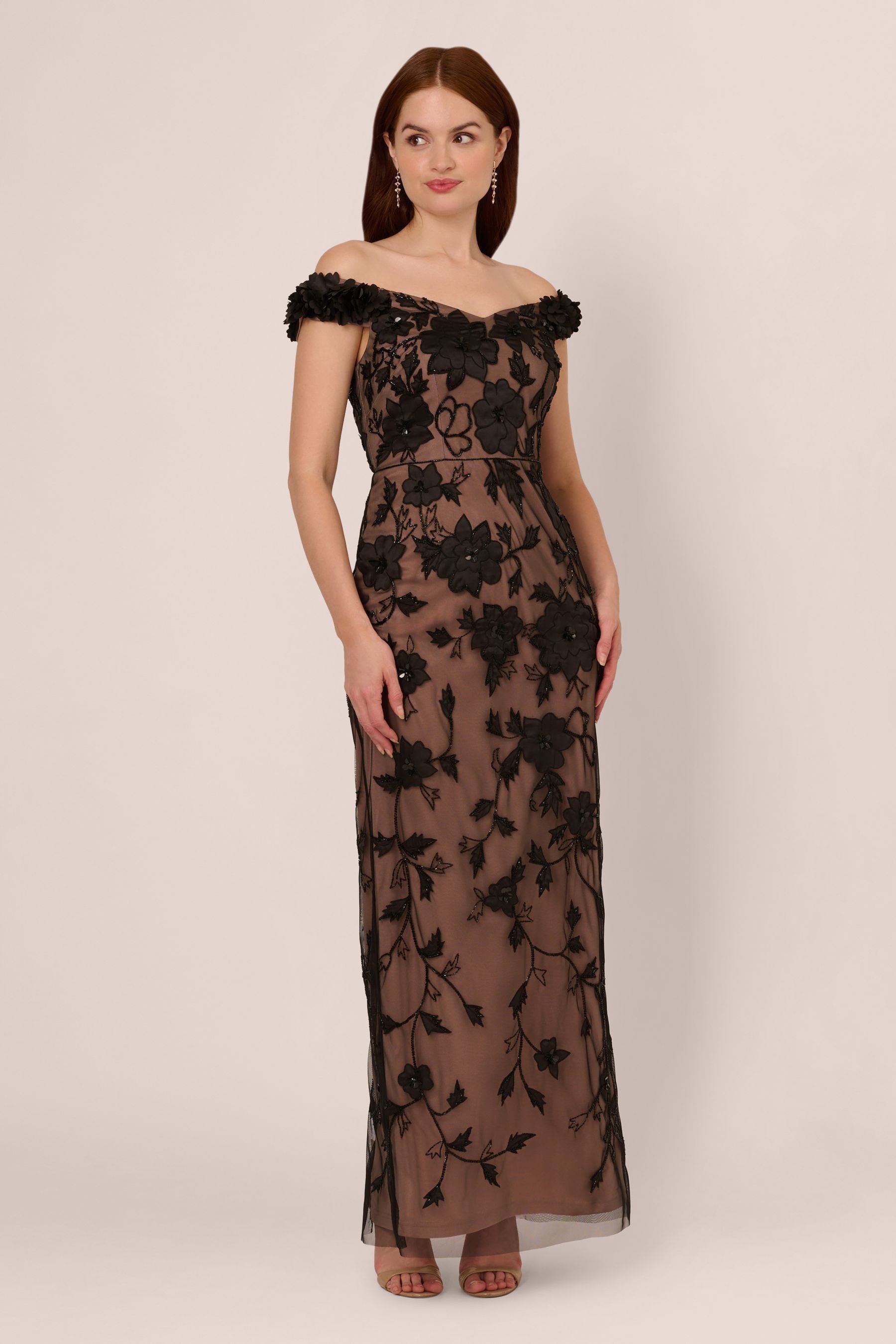 Buy Adrianna Papell Off Shoulder Bead Long Black Dress from Next Luxembourg