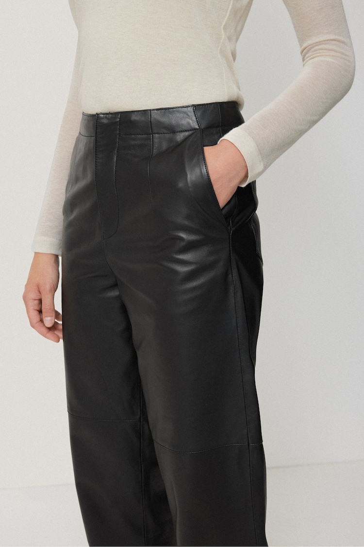 Jigsaw Black Leather Barrel Leg Trousers - Image 2 of 6