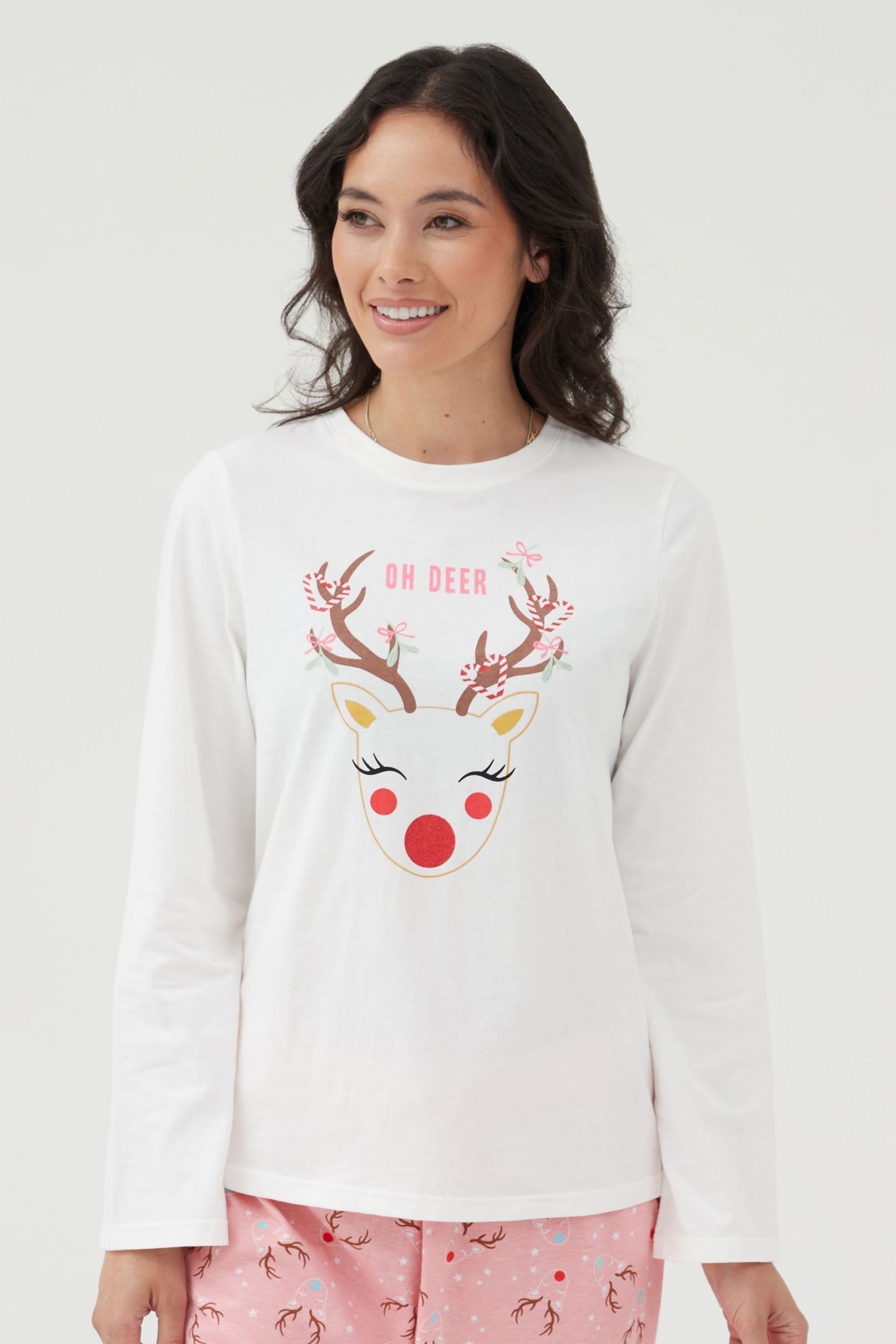 Society 8 White Pink Womens Deer Family Pyjamas L