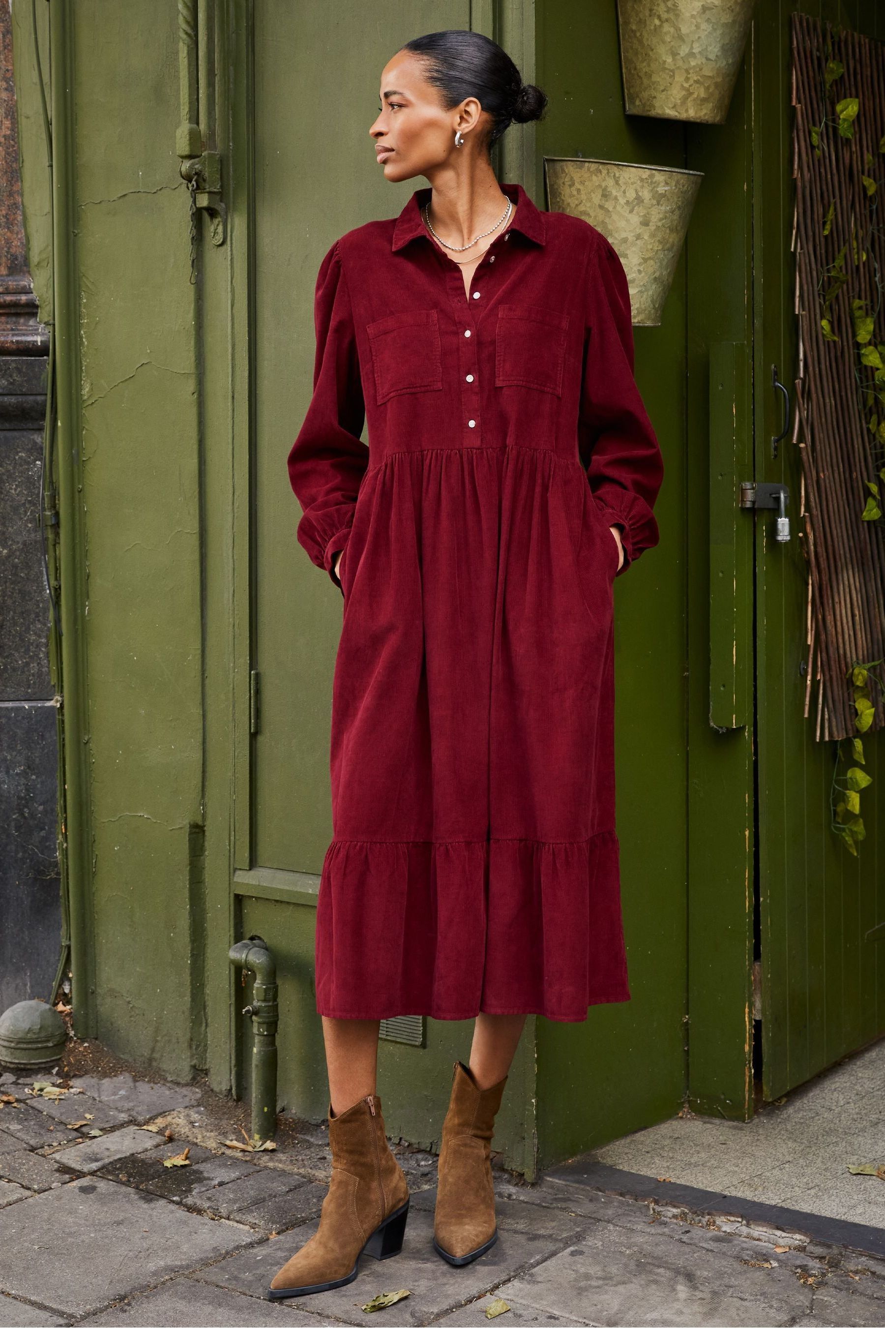 Buy Baukjen Burgundy Red Philippa Corduroy Midi 100 Cotton Dress from Next Luxembourg