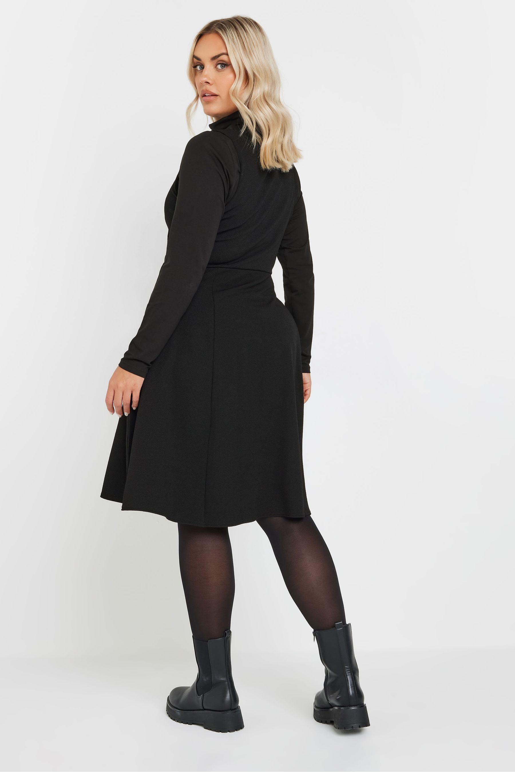Yours Curve Black Button Placket Texture Ribbed Pinafore Dress