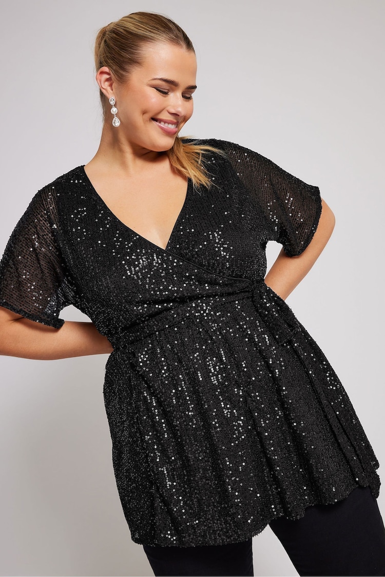 Yours Curve Black London Sequin Wrap Top - Image 1 of 5