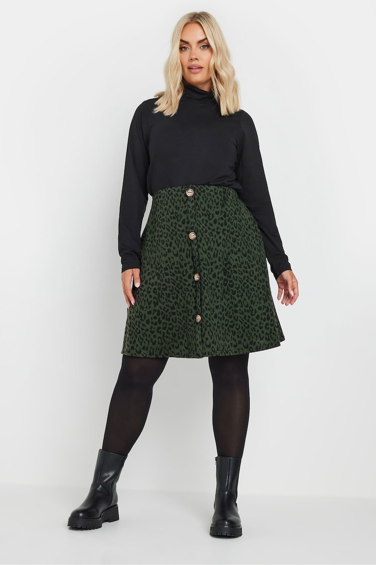 Yours Curve Green A Line Button Front Leopard Print Skirt - Image 2 of 5