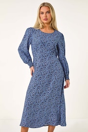 Roman Blue Petite Print Shirred Cuff Midi Dress - Image 2 of 5