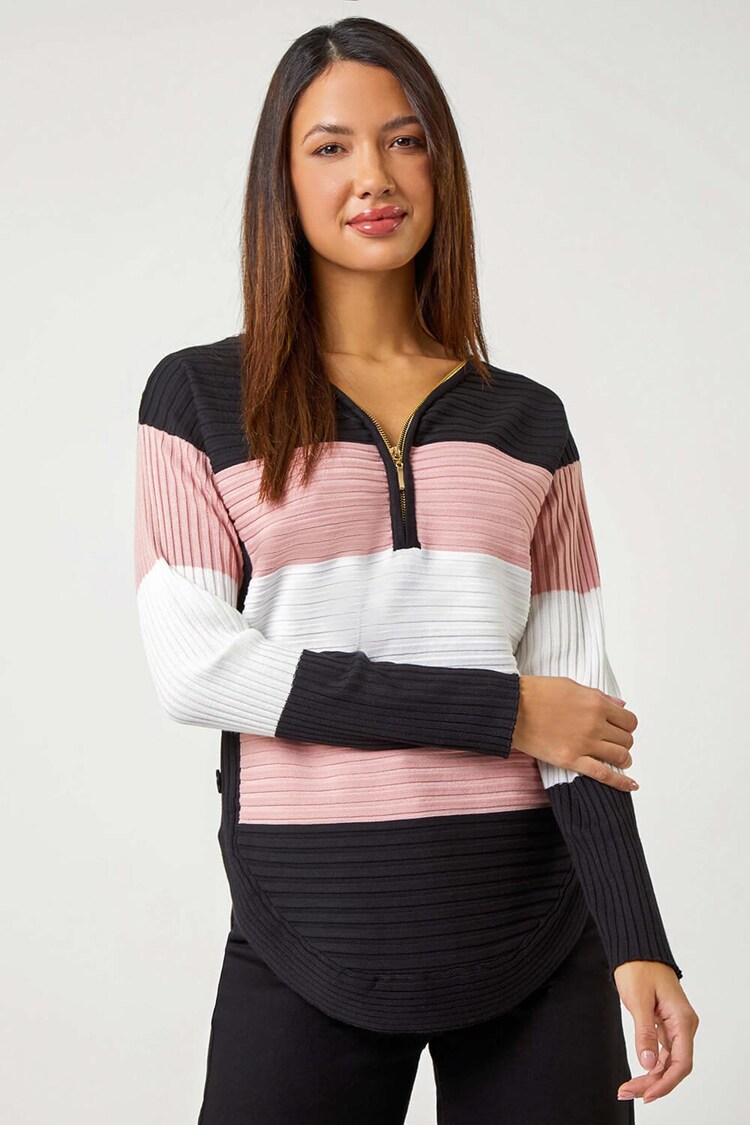 Roman Pink Cotton Blend Stripe Zip Knit Jumper - Image 1 of 5