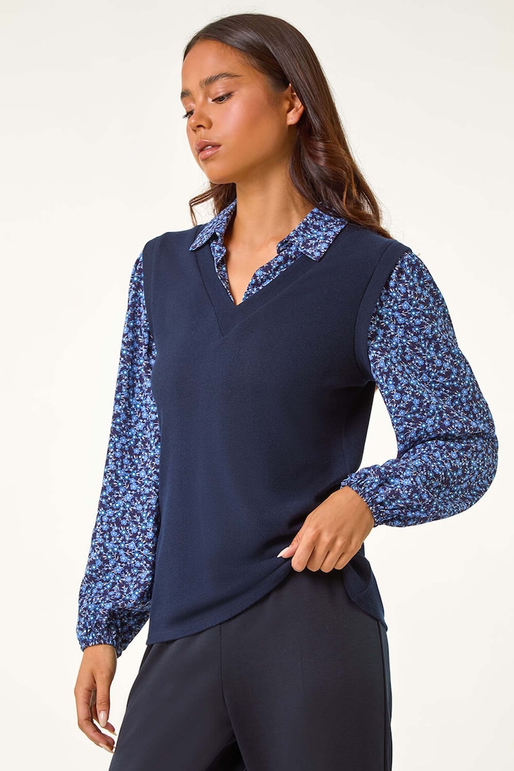 Roman Blue Petite Contrast Bodice Top - Image 1 of 2