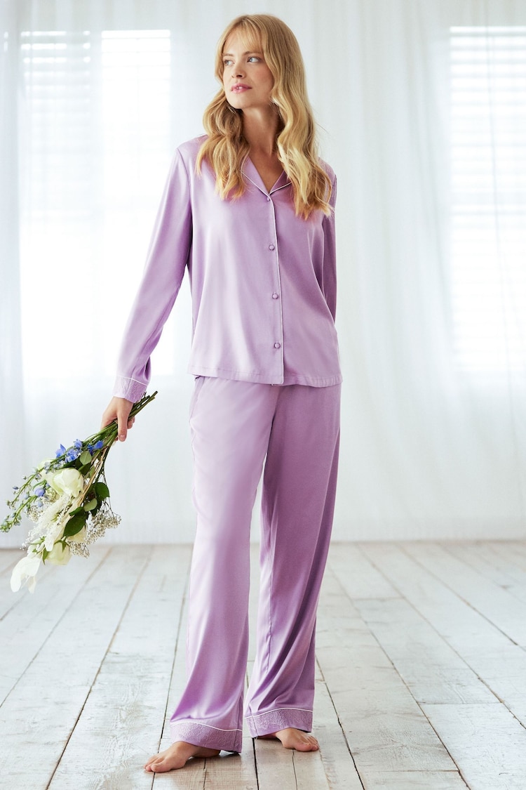 Chelsea Peers Purple Satin Lace Trim Long Pyjama Set - Image 1 of 5