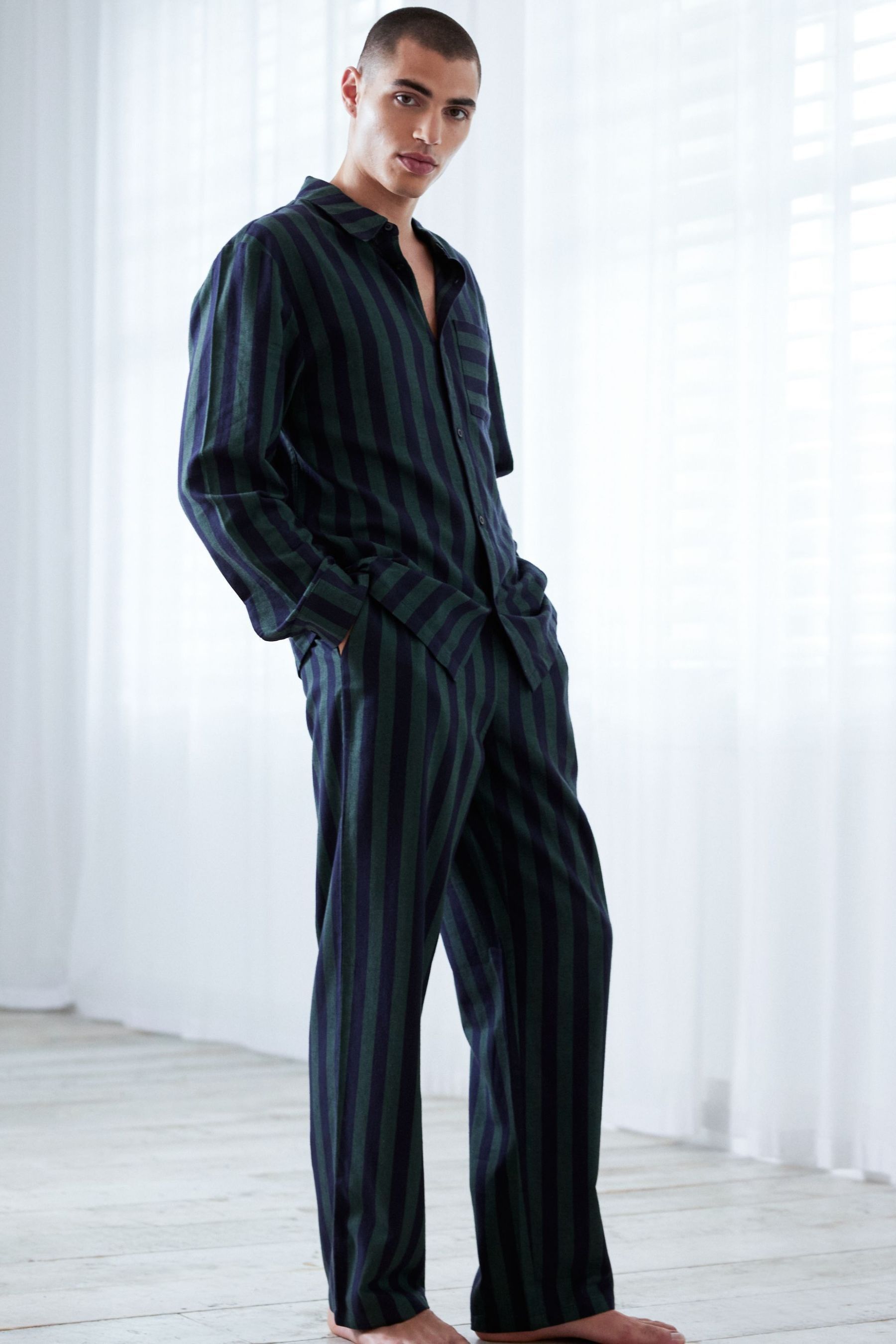 Chelsea Peers Green 100 Organic Cotton Brushed Stripe Long Pyjama Set 2X Large Mens
