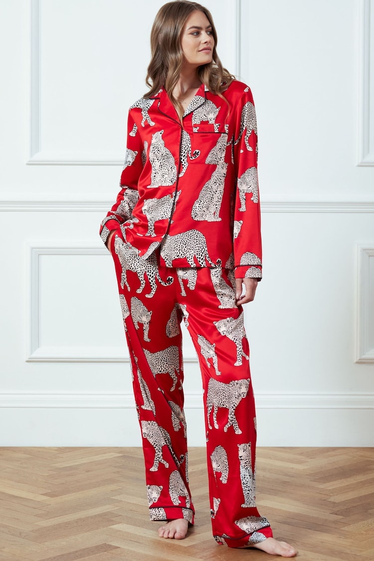 Chelsea Peers Red Satin Leopard Print Long Pyjama Set - Image 1 of 5