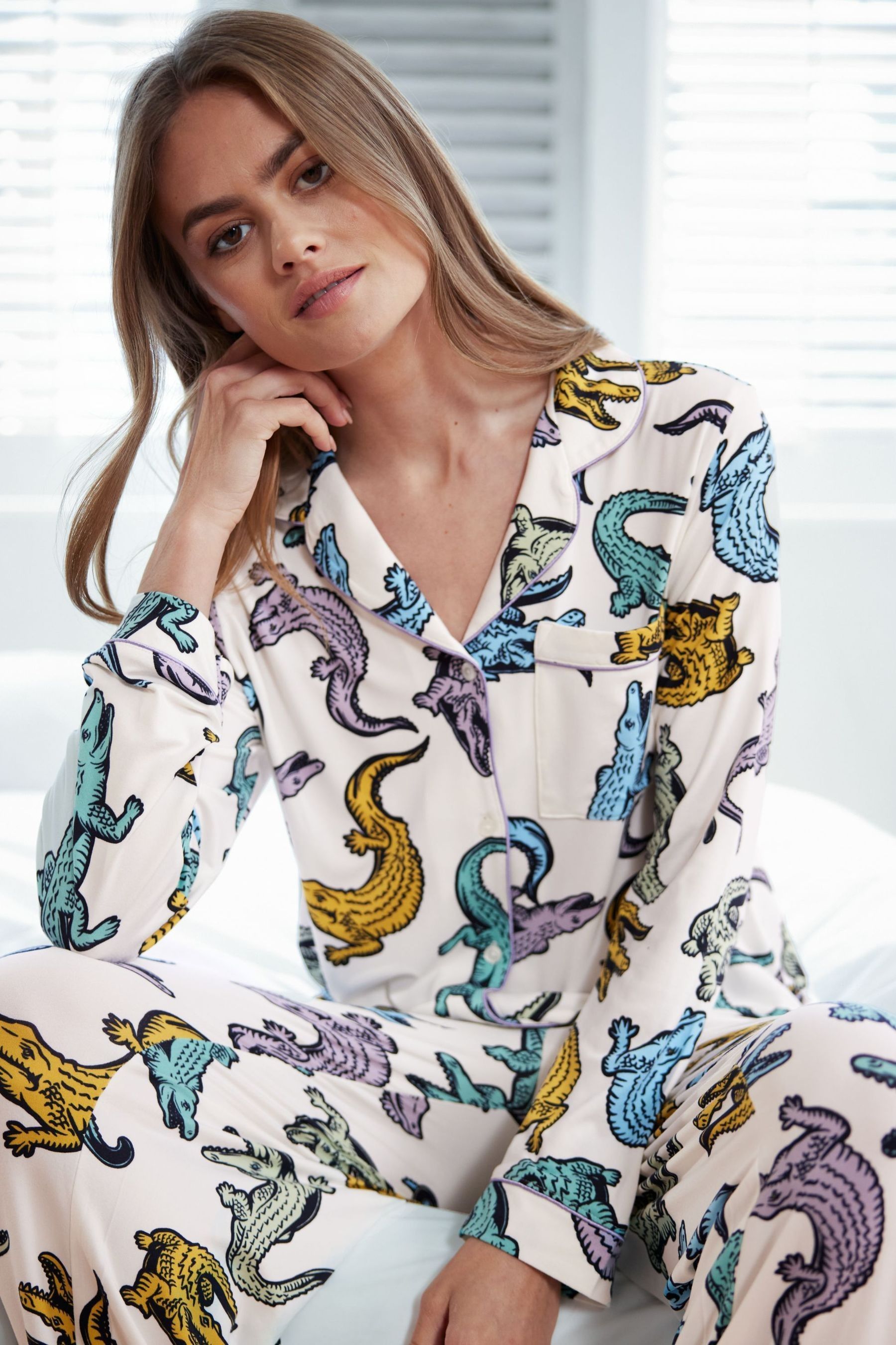 Buy Chelsea Peers White Colourful Crocodiles Print Button Up Long Pyjama Set from the Next UK online shop