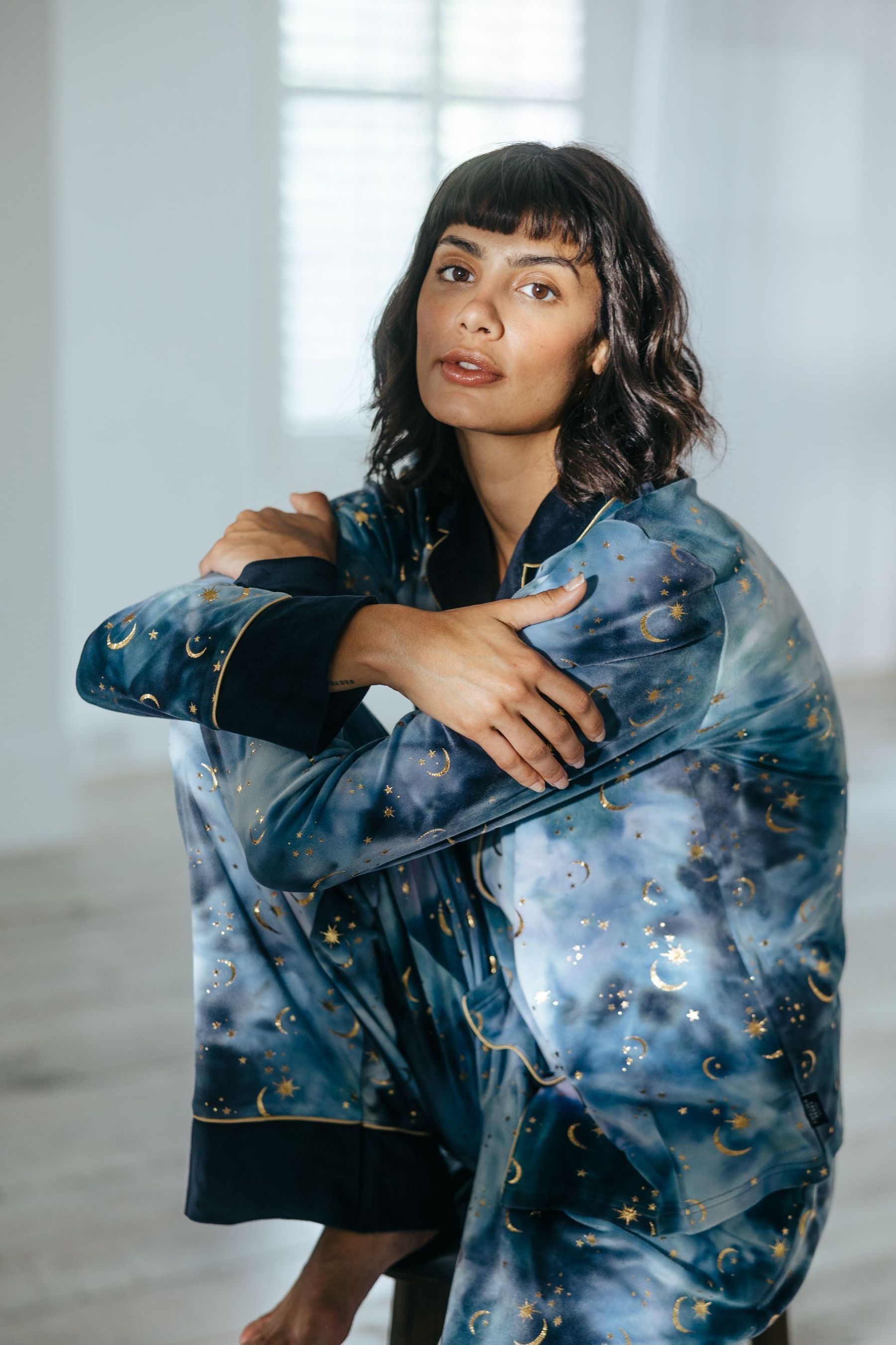 Chelsea Peers Blue Tie Dye Velour Gold Foil Moons Stars Long Pyjama Set