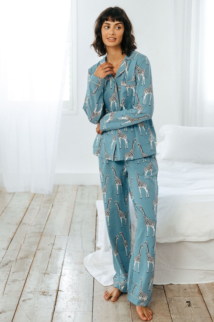 Chelsea Peers Blue Organic Cotton Giraffe Print Long Pyjama Set - Image 2 of 5