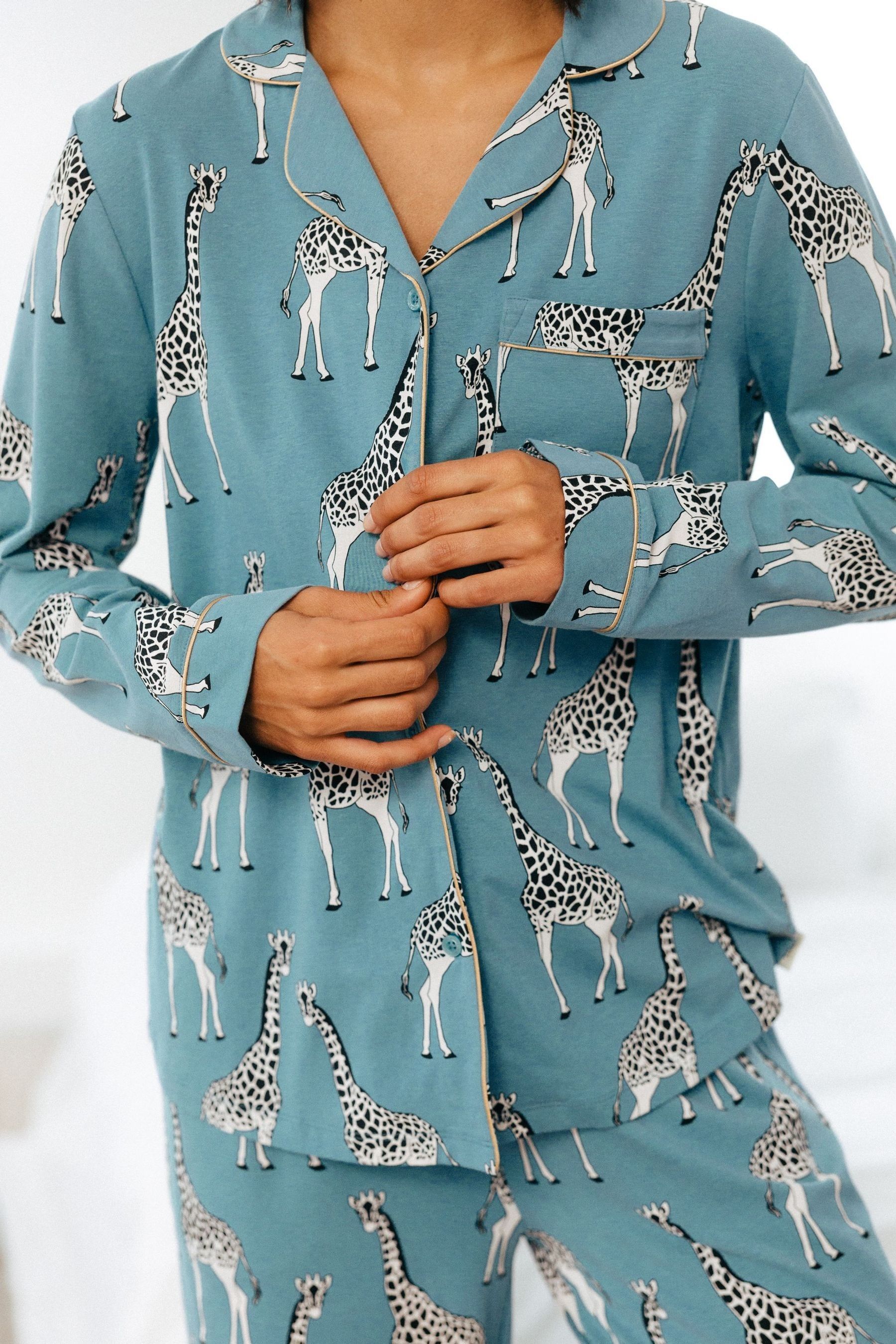 Chelsea Peers Blue Organic Cotton Giraffe Print Long Pyjama Set 12 Womens
