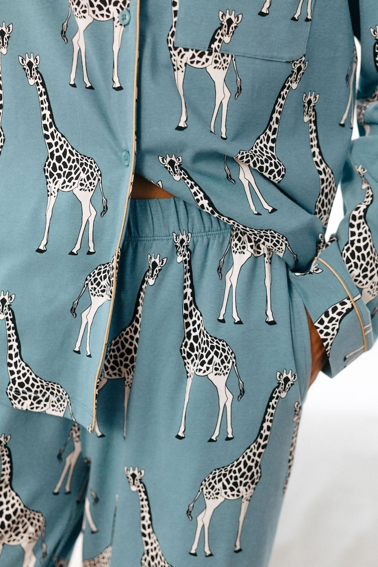 Chelsea Peers Blue Organic Cotton Giraffe Print Long Pyjama Set - Image 5 of 5