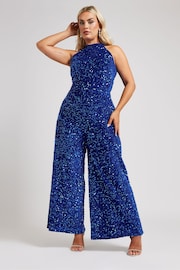 Yours Curve Blue Sequin Velvet Jumpsuit - Image 2 of 7