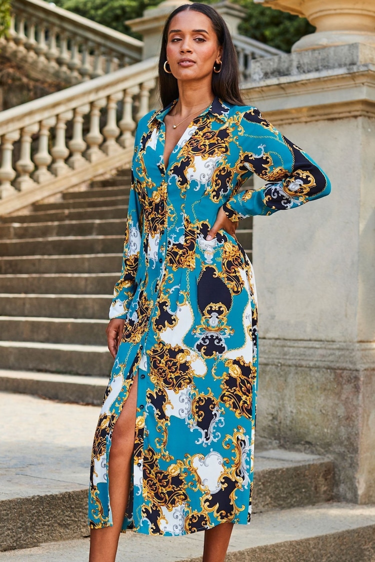 Sosandar Blue Multi Print Midi Shirt Dress - Image 1 of 5