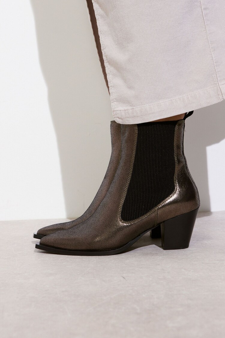 Oliver Bonas Brown Pewter Elastic Metallic Western Cowboy Heeled Boots - Image 2 of 8