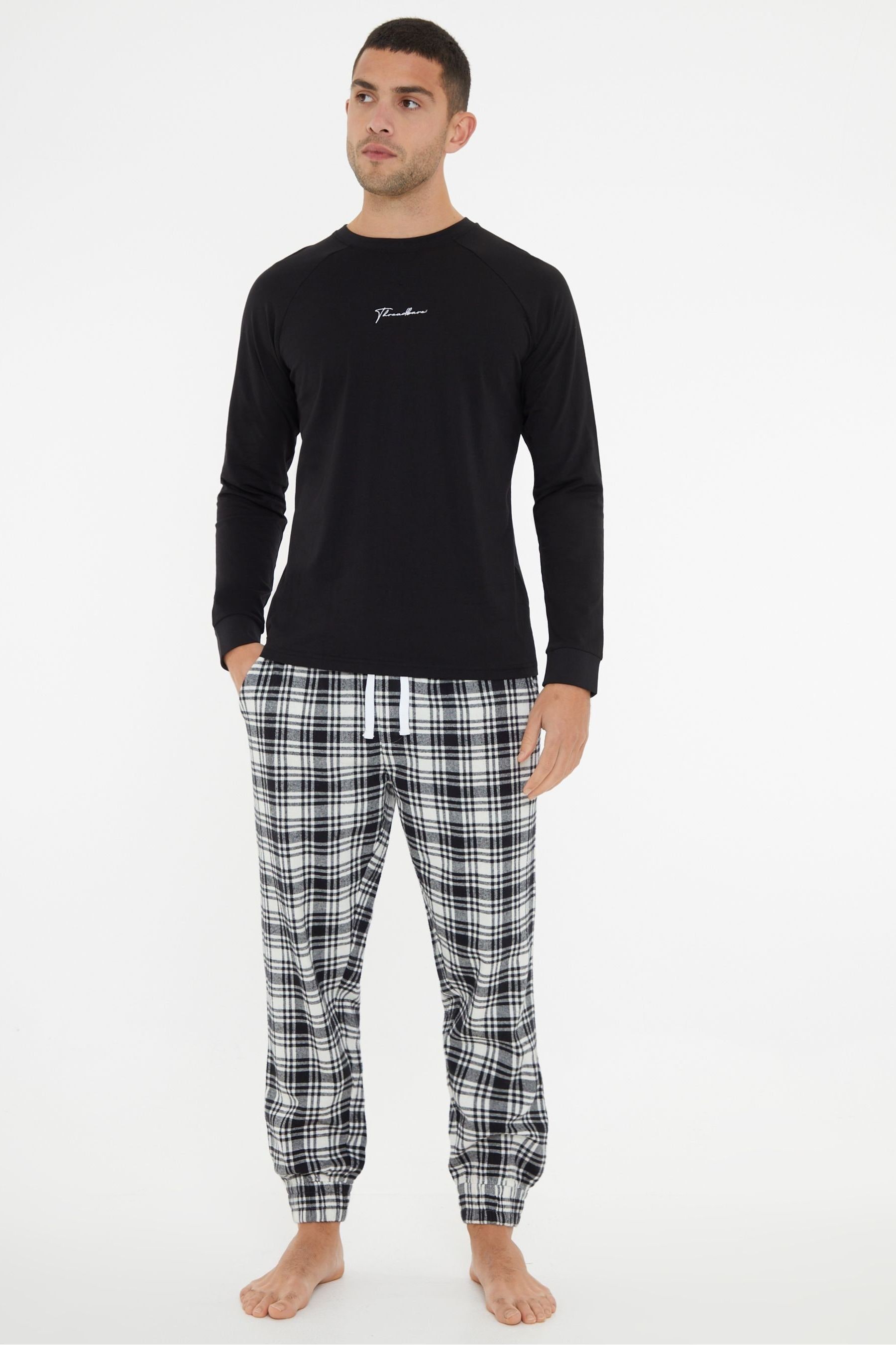 Threadbare Black 100 Cotton Script Long Sleeve Check Pyjamas Set 2X Large Mens