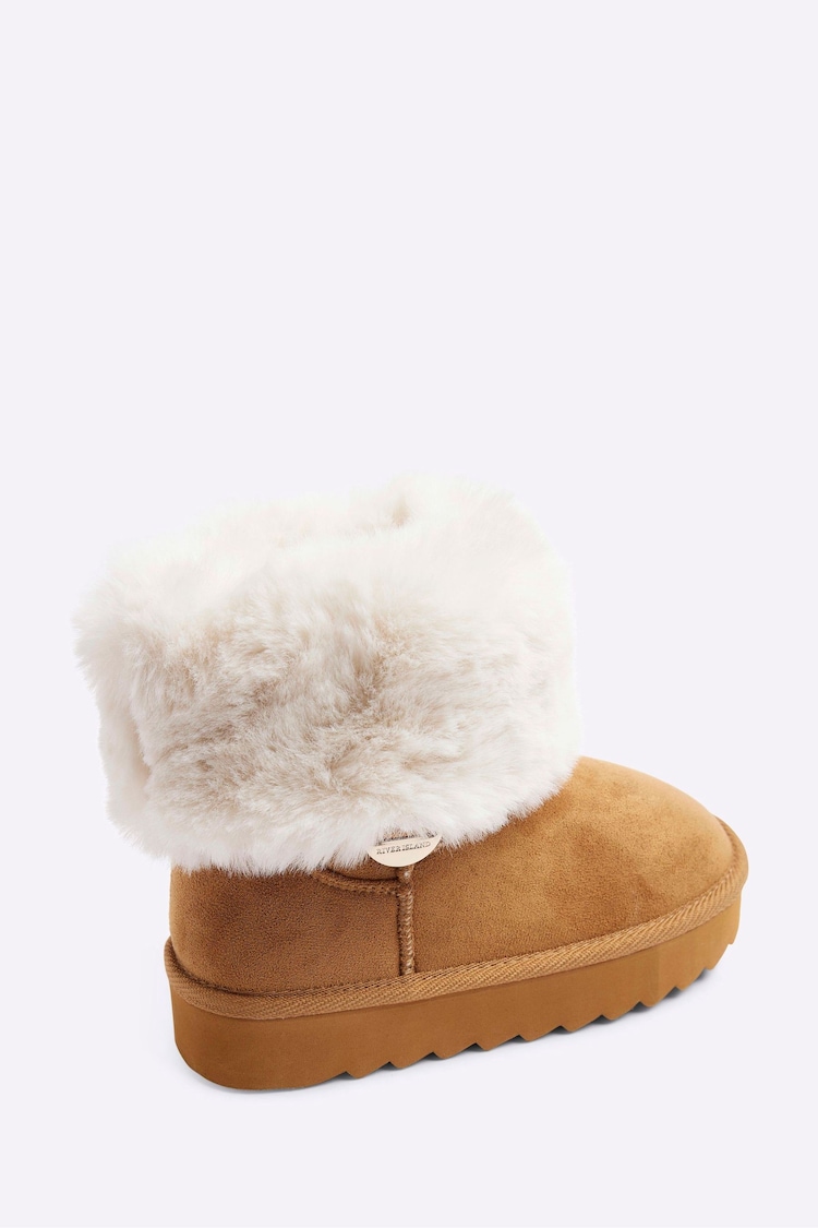 River Island Brown Girls Suedette Fur Cuff Lined Boots - Image 2 of 4