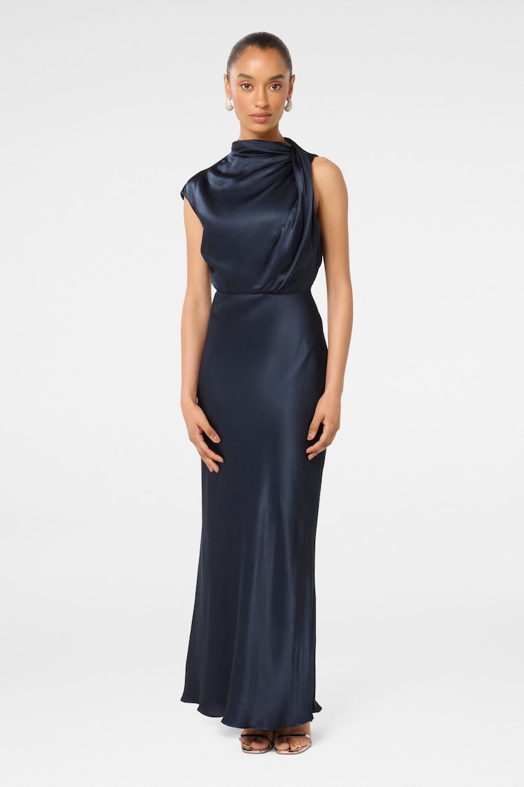 Forever New Blue Sienna Petite High Neck Satin Maxi Dress - Image 1 of 3