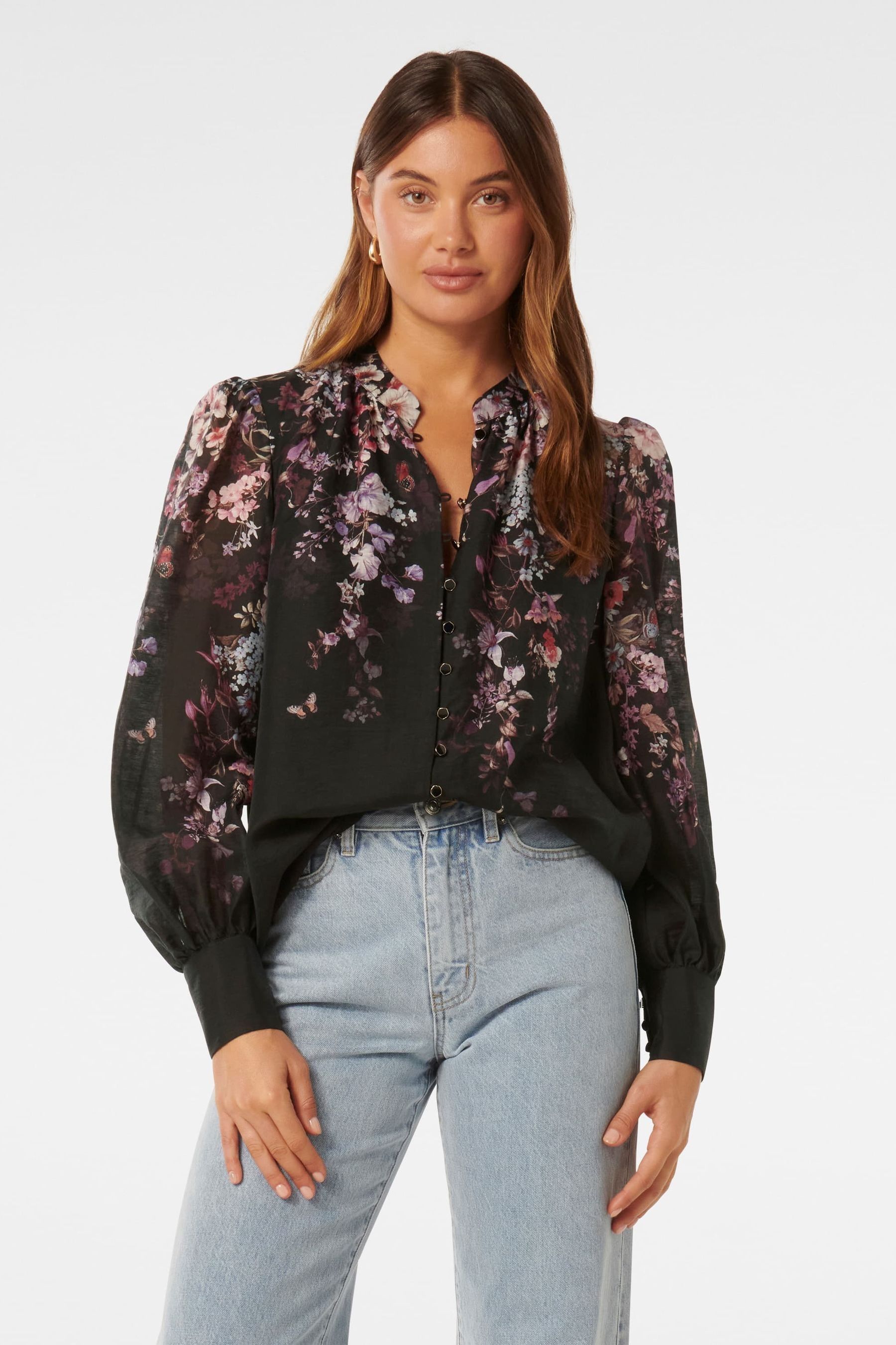 Forever New Black Parker Placement Print Top With a Touch of Linen