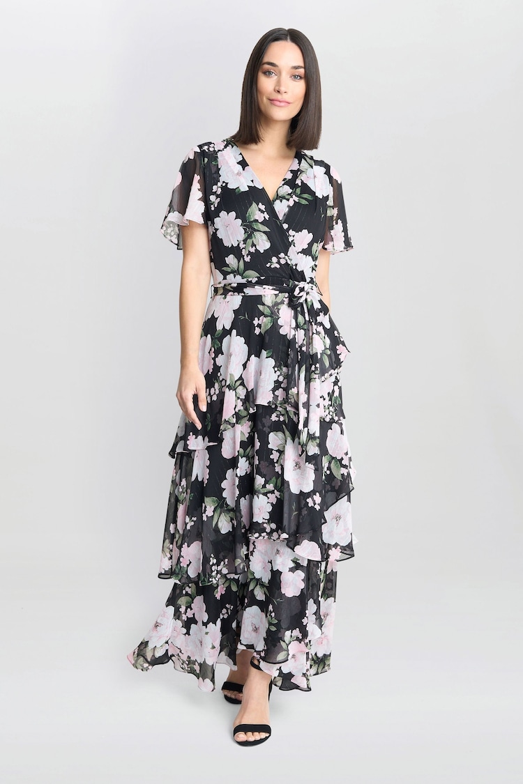 Gina Bacconi Sally Printed Maxi Tiered Black Dress With Tie Belt - Image 1 of 5