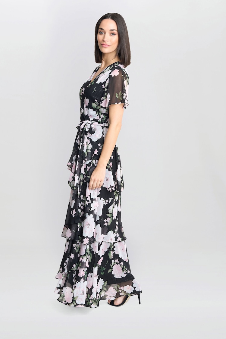 Gina Bacconi Sally Printed Maxi Tiered Black Dress With Tie Belt - Image 5 of 5