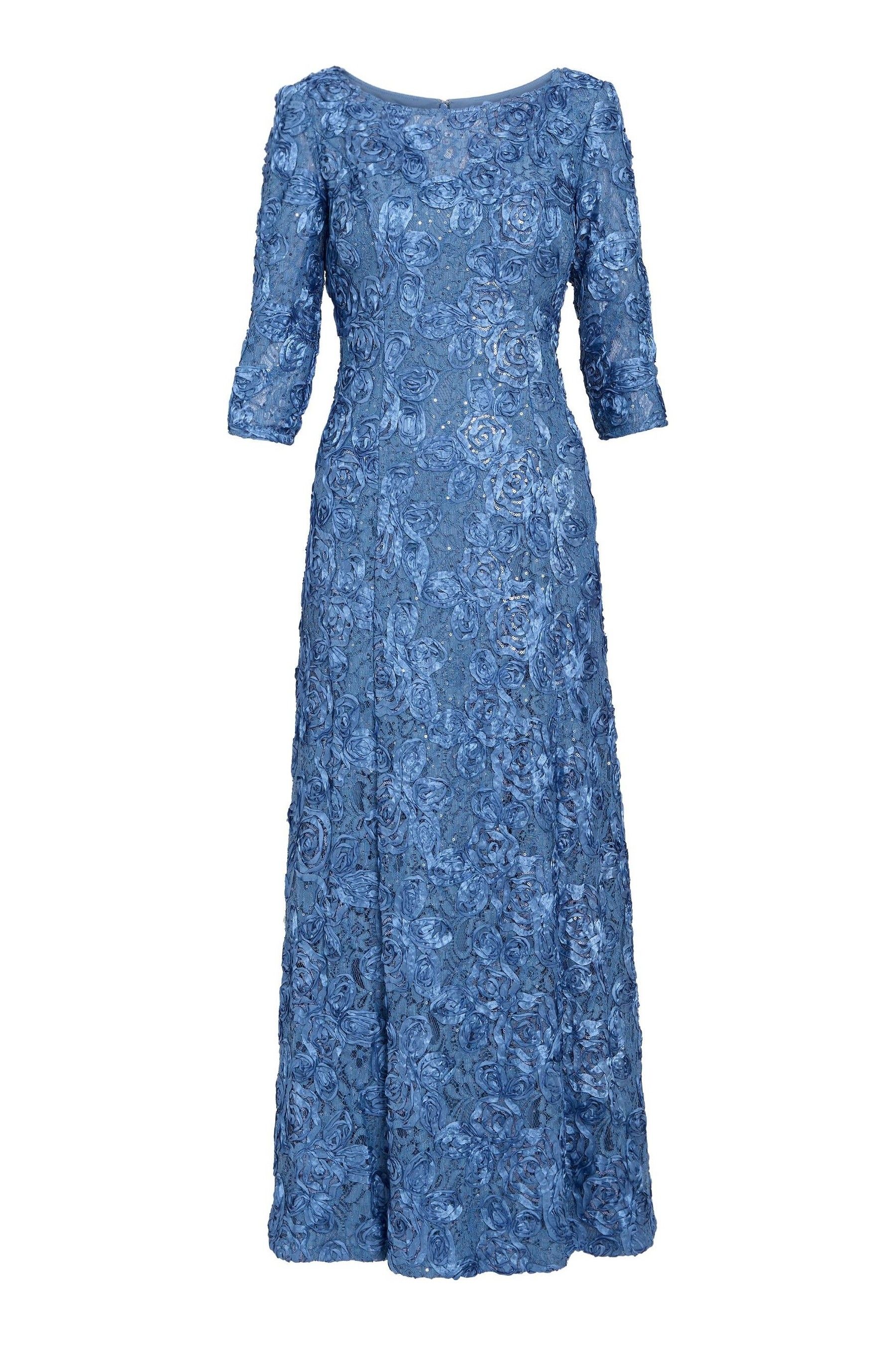 Gina Bacconi Blue Susanna Rosette Maxi Dress With 3 4 Illusion Sleeves