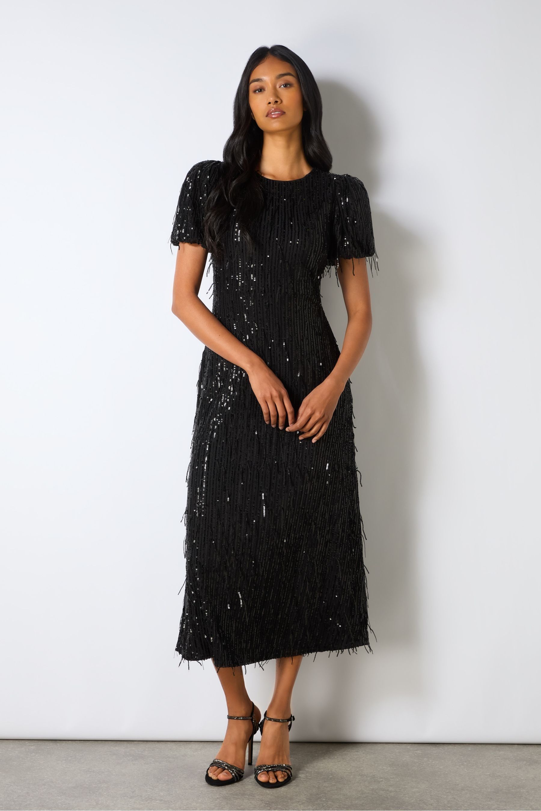 Buy Ro Zo Black Gina Fringe Sequin Puff Sleeve Midi Dress from Next Luxembourg