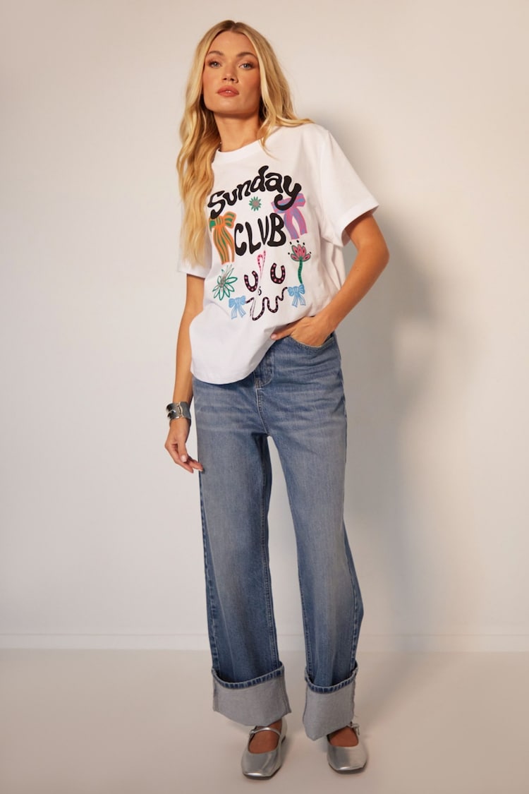 Another Sunday 100% Cotton Graphic White T-Shirt with Sunday Club - Image 1 of 3