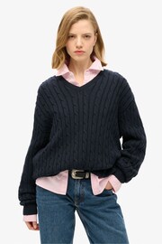 Superdry Blue Oversized V-Neck Cable Jumper - Image 1 of 2