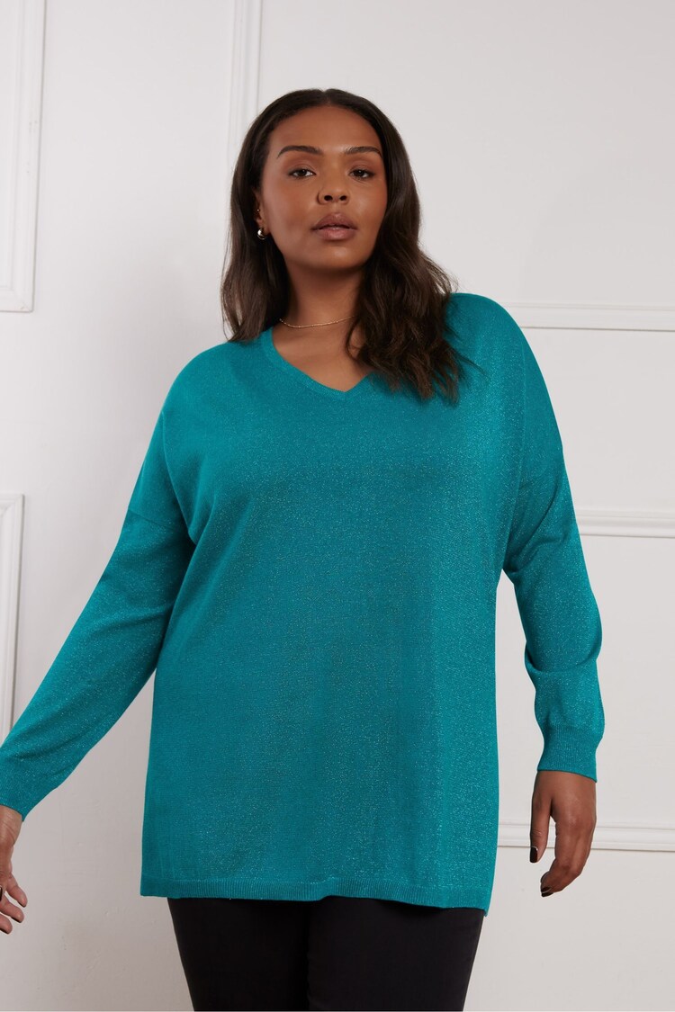 Live Unlimited Green Metallic V-Neck Jumper - Image 2 of 5