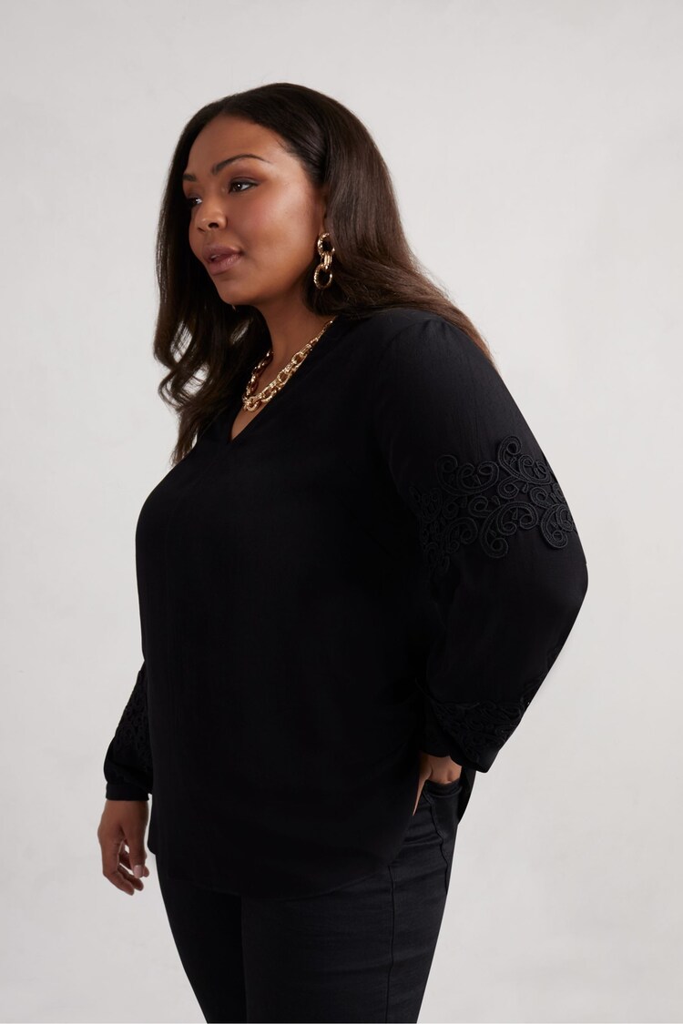 Live Unlimited Black Curve Petite Lace Detail Long Sleeve Top - Image 2 of 5