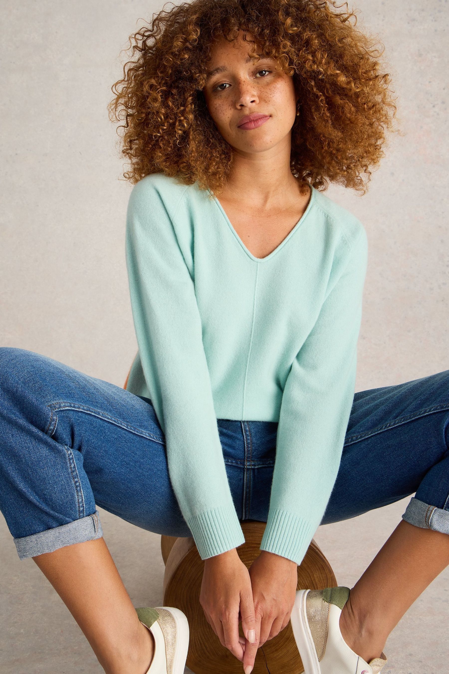 White Stuff Blue Verity V Neck Cashmere Jumper 14 Womens